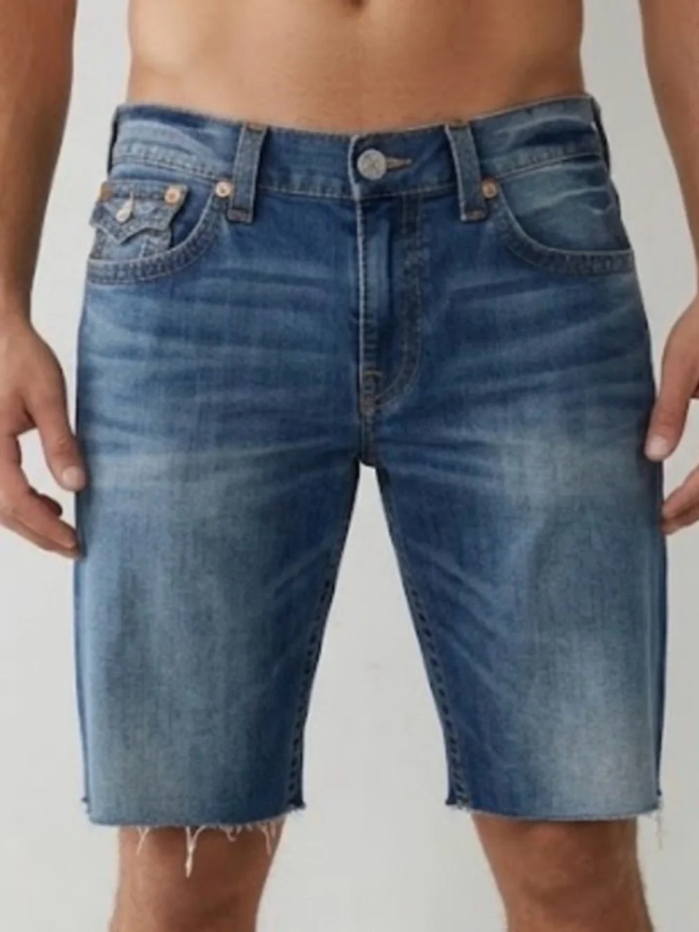 True Religion contrast denim shorts, distressed blue wash and raw, frayed hem 38